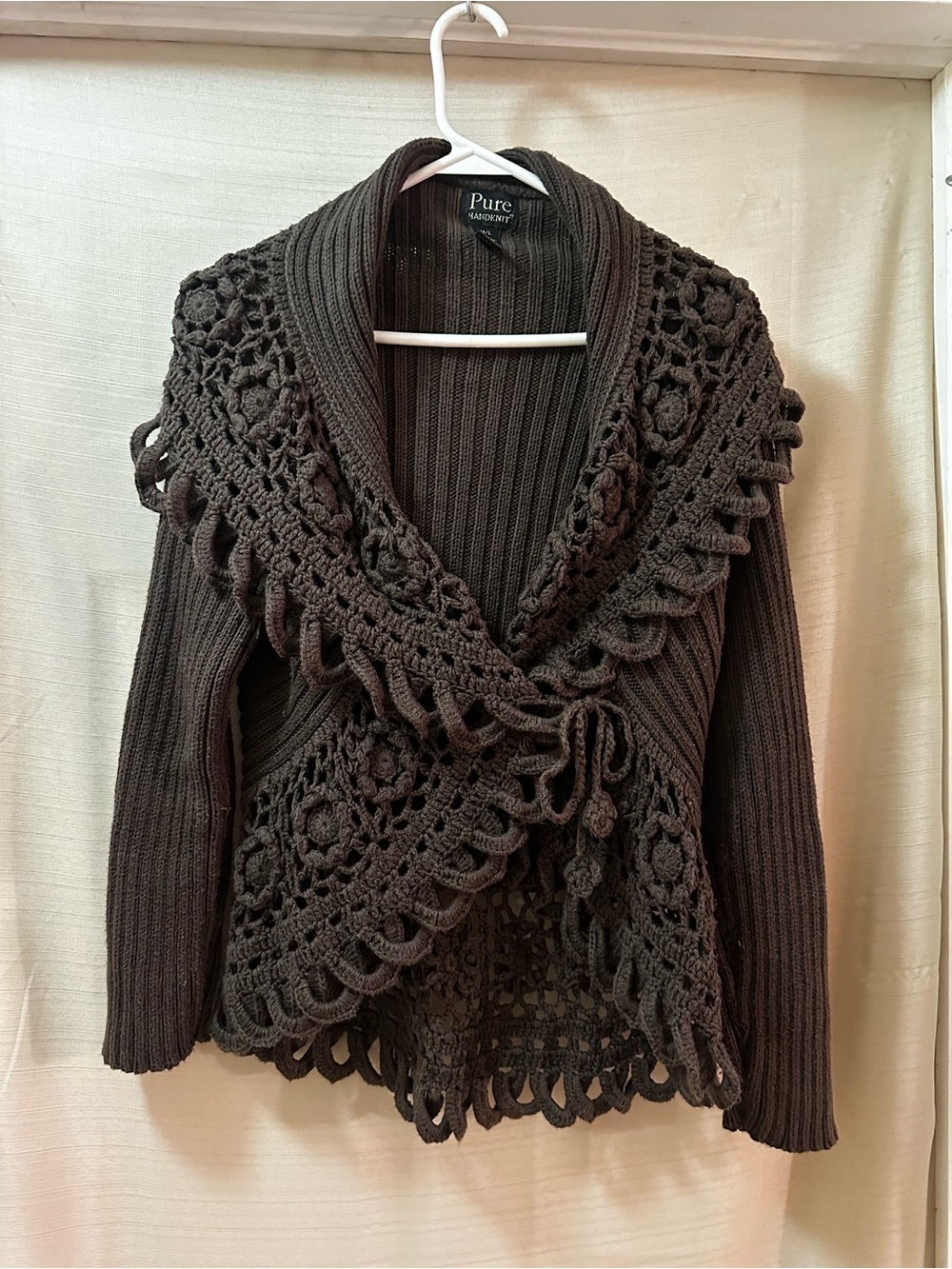 Pure Handknit Womens Crochet Floral Wrap Cardigan Sweater Boho Cotton M/L